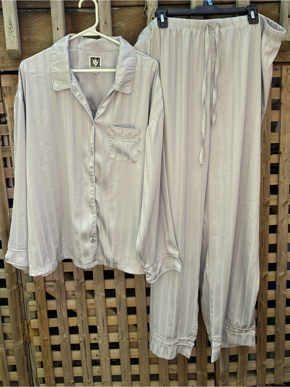 Anne Klein Light Gray Stripe Satin Pajama Set